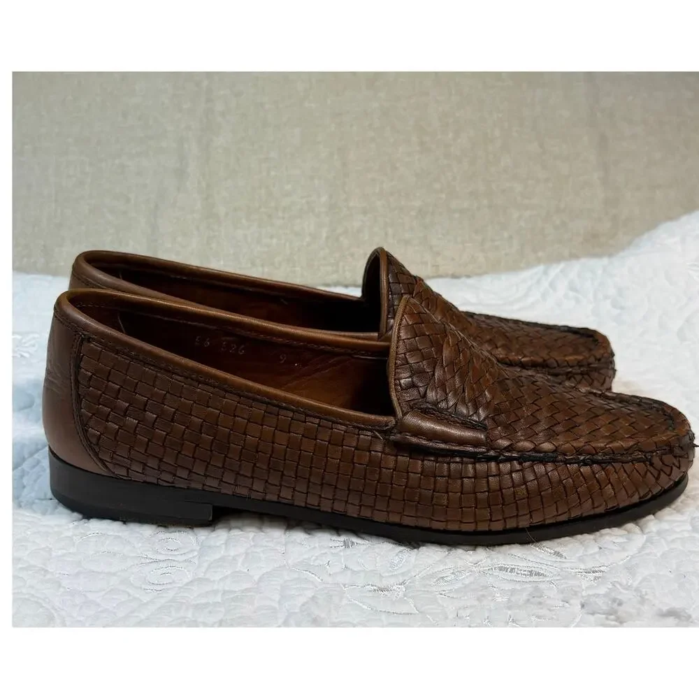 Bruno Magli Mens 9M Brown Basketweave Leather Slip On Dress Loafers Shoes Casual